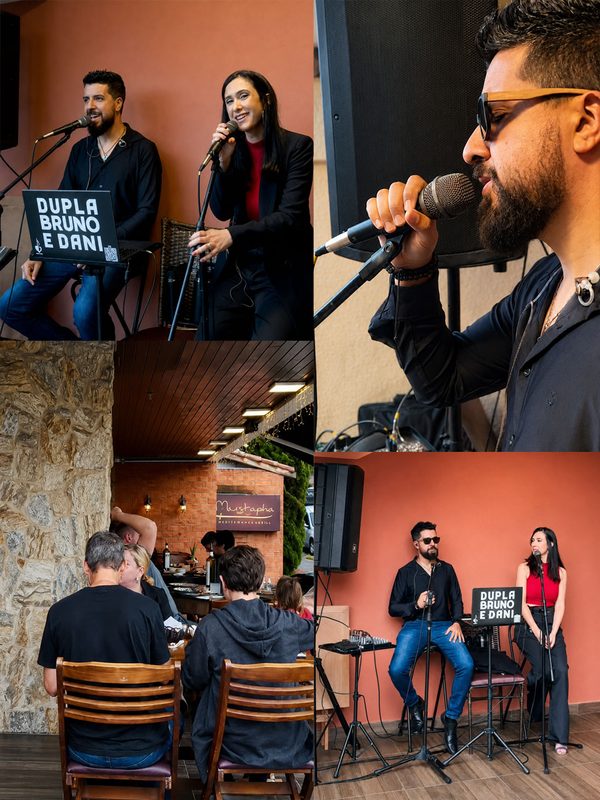 Casa lotada no Restaurante Mustapha Atibaia durante apresentação da Dupla Bruno e Dani no Dia das Mães — montagem de momentos do show