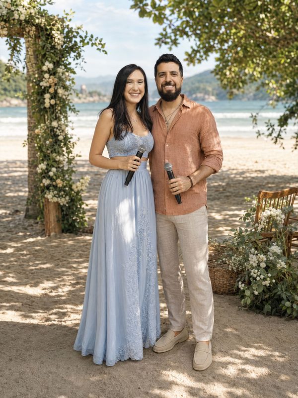 Dupla Bruno e Dani — música ao vivo para casamento na praia no Litoral Paulista